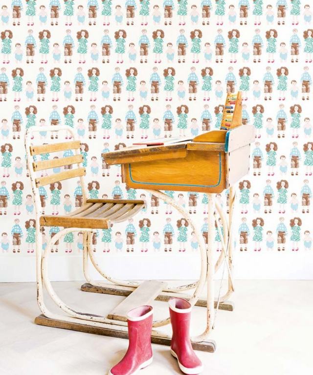 cadeira de mesa de bonecas de berçário de papel de parede padrão