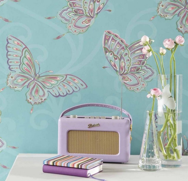 Papel de parede do quarto das crianças quarto das meninas borboletas azul roxo ranúnculo