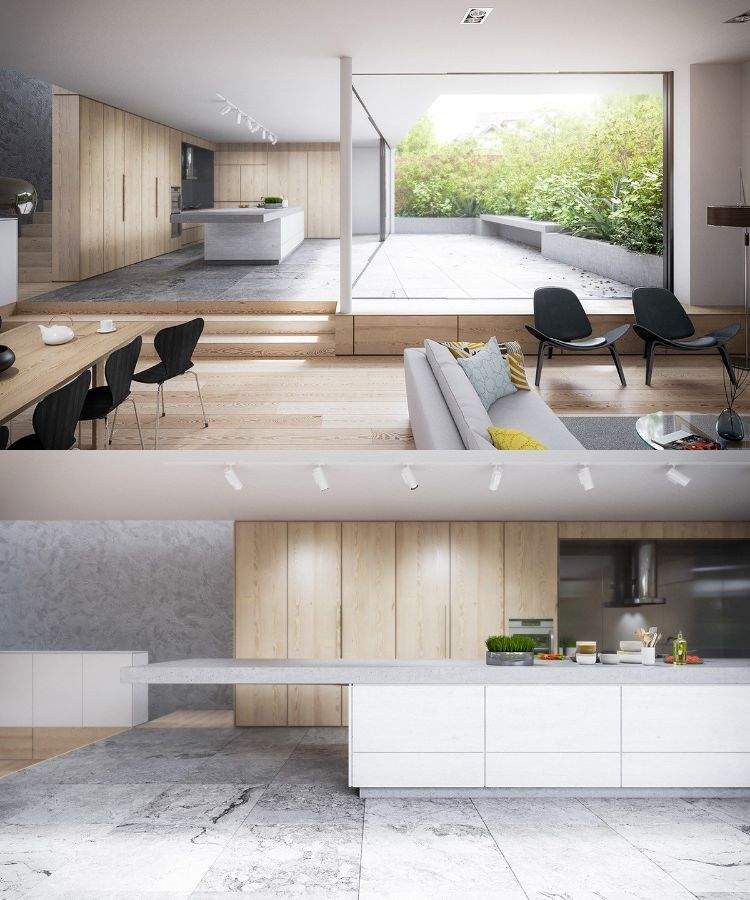 Cozinhas modernas, cozinha, ilha, bancada cinza, azulejos, aparência de pedra, painéis de parede de madeira