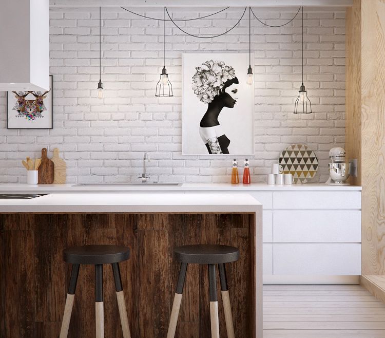 Cozinha moderna, parede branca, bancada, frentes sem maçaneta, cozinha, ilha, madeira