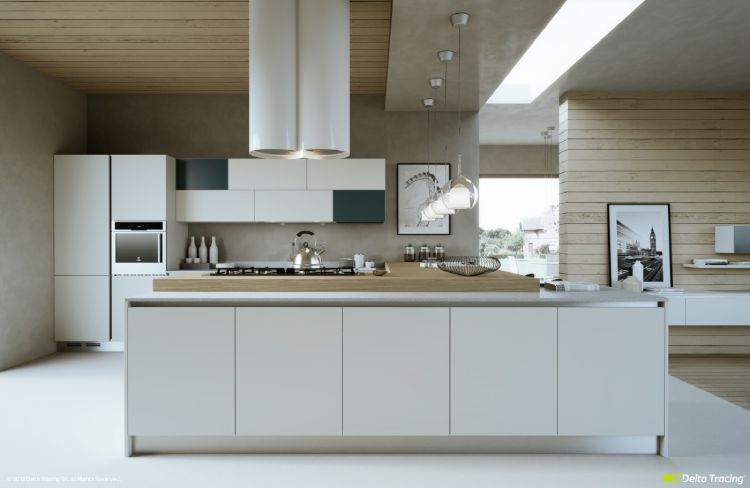 cozinha-moderna-em-forma-de-cozinha-frentes-brancas-exaustor-península pendente de luzes para cozinhar