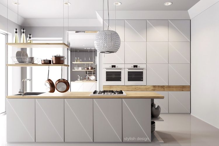 cozinha moderna-madeira-bancada-branca-frentes-diagonal-ilha-fogão com exaustor de eletrodomésticos embutidos