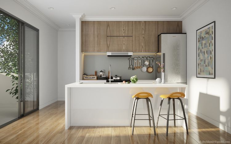 cozinha moderna-madeira-frentes-cinza-proteção contra respingos-branco-cozinha ilha-banquinho de bar de alto brilho