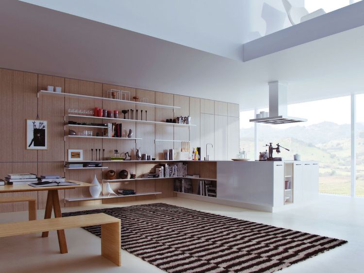 moderna-cozinha-madeira-parede-revestimento-branco-prateleira-em-forma-de-cozinha-península-exaustor