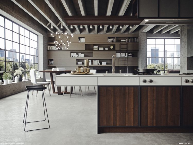 moderna-cozinha-bancada-alto-brilho-branco-frentes-madeira-bar banquinho-exaustor