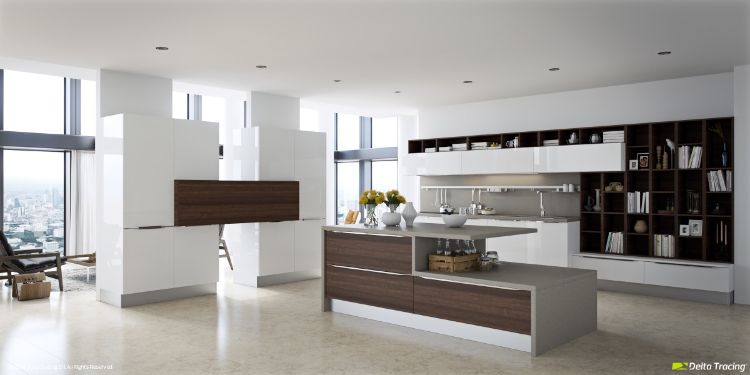 cozinha moderna-cozinha-ilha-branca-madeira-armários-prateleiras-alta-total-parede interior