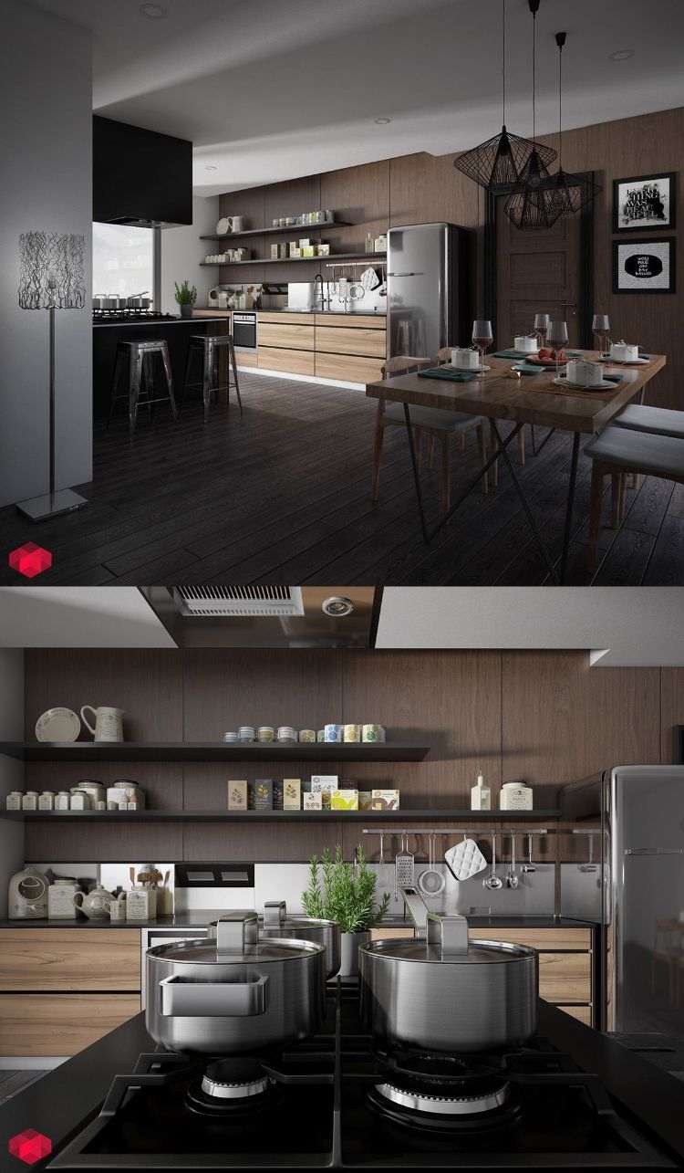 cozinha-moderna-nogueira-revestimento-parede-madeira-frentes-sem maçaneta-aço inoxidável-geladeira