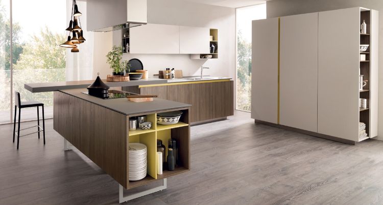 cozinha-moderna-em-forma-cozinha-cozinhar-península-madeira-frentes-branco-bar banquinho-amarelo-elementos