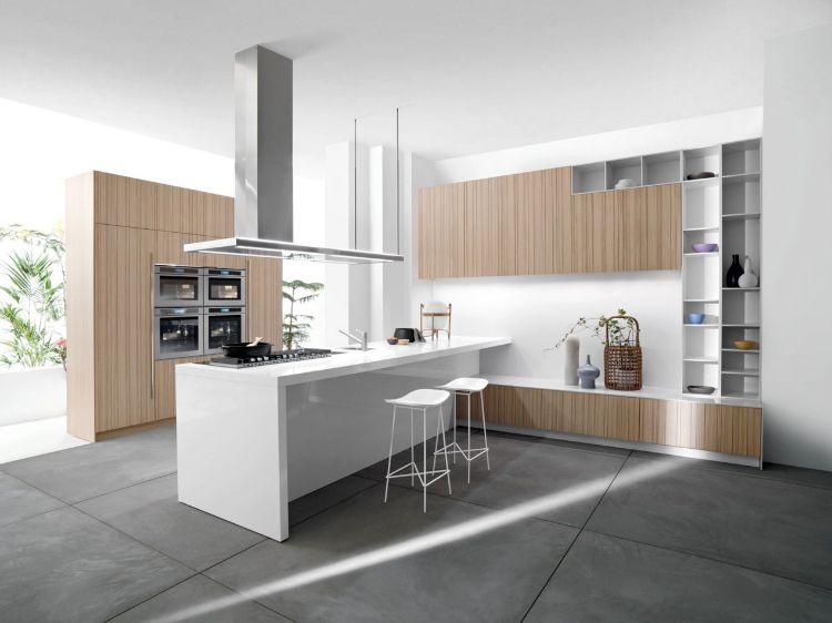 dispositivos modernos-cozinha-madeira-frentes-branco-cozinha-península-alto brilho-bar-banquinho embutido