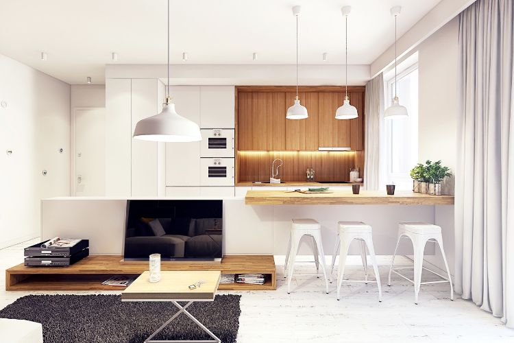 cozinhas-modernas-branco-madeira-frentes-proteção contra respingos-banquinhos-bar-luzes suspensas-dispositivos embutidos