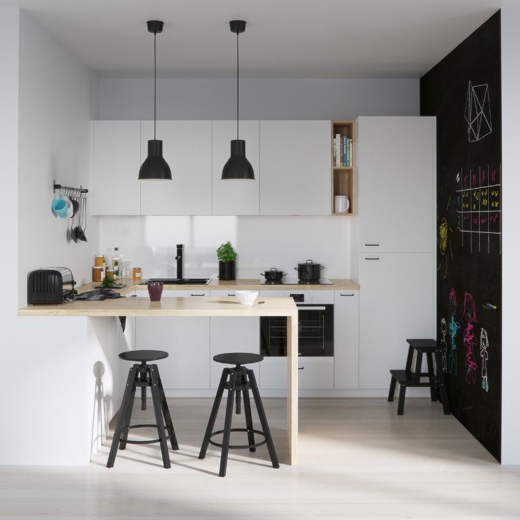 cozinhas-modernas-frentes-brancas-alto-brilho-proteção contra respingos-madeira-tressen-preto-bar banquinho-pintura de mesa