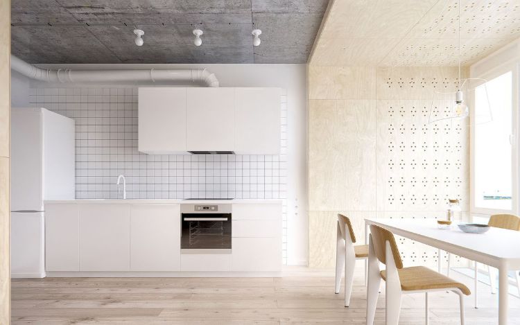 modernos-cozinhas-branco-frentes-bancadas-dispositivos embutidos-concreto-teto-madeira-revestimento de parede