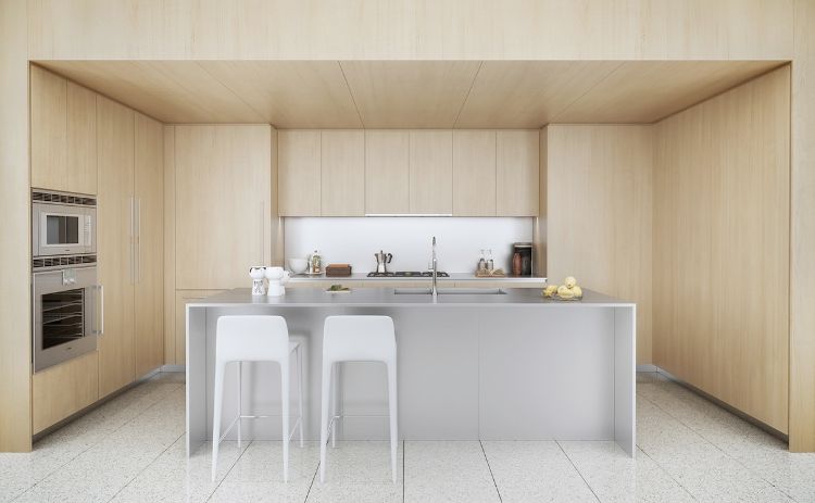 Cozinha moderna - frentes de madeira - revestimento de parede - branco - cozinha em ilha - dispositivos embutidos - banco de bar