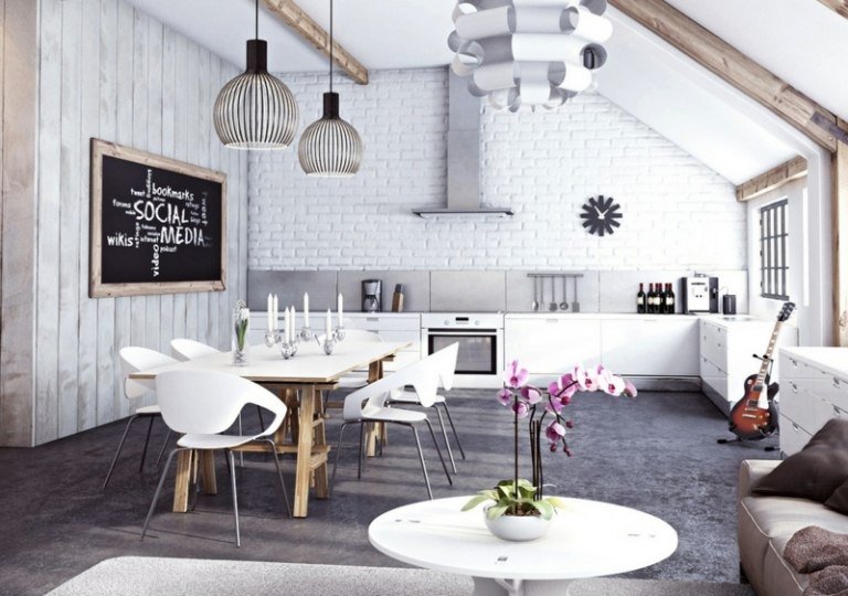 cozinha com revestimento de parede de tijolos mesa de jantar madeira branca vigas de orquídeas