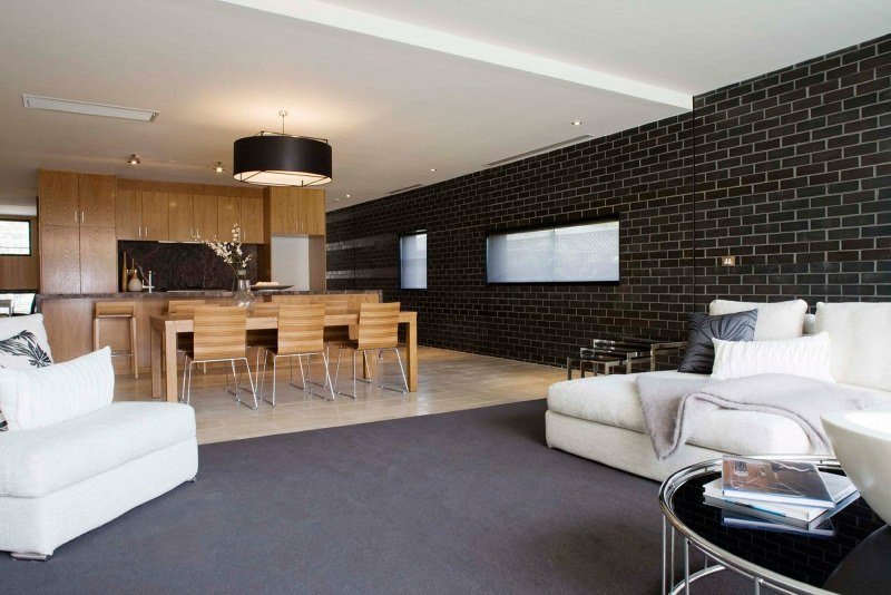 revestimento de parede de tijolo preto idea cozinha madeira móveis de sala de estar brancos