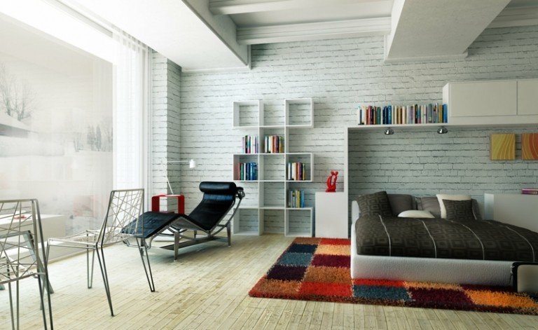 revestimento de parede de tijolos branco design quarto moderno tapete colorido