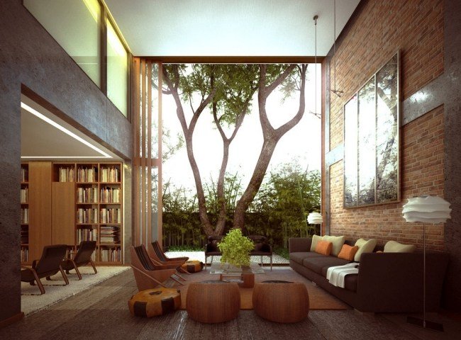 ideias de teto alto de sala de estar para revestimento de parede de tijolo