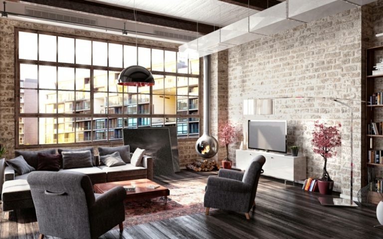 revestimento de parede de tijolos cinza estilo surrado loft moderno em parquet cinza