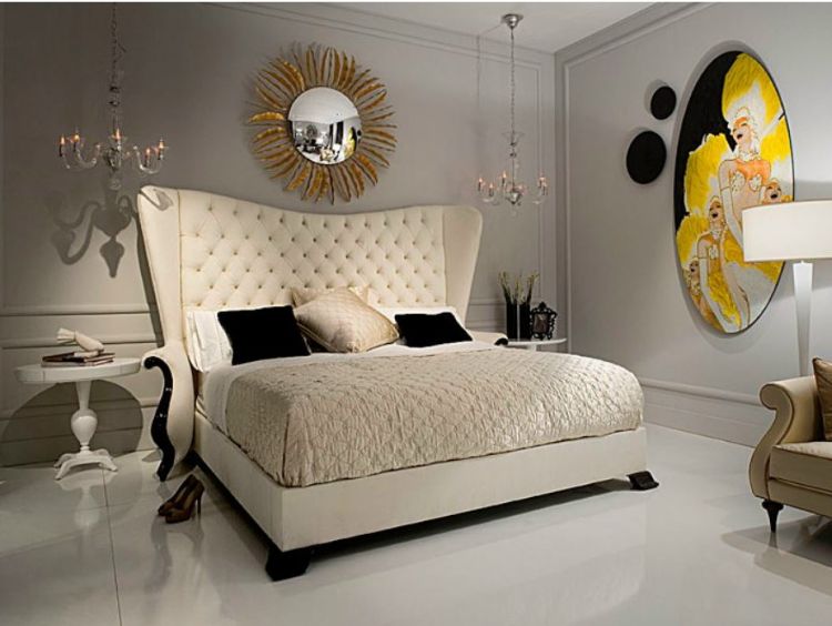 Mobiliário de design quarto-cama estofada-branca-parede-fleisen-luminária pendente-espelho redondo
