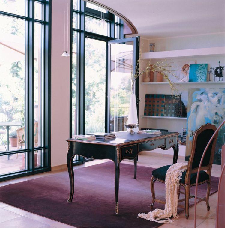 design-furniture-study-black-work-table-chair-purple-wall-carpet-shelf