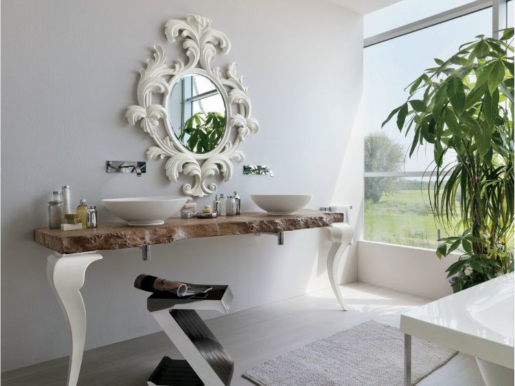 design-móveis-banheiro-espelho-decorativo-parede branca-bancada lavatório-banquinho de metal