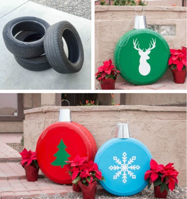 Terraço de decoração de Natal com pneus, faça você mesmo as suas ideias