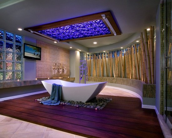 decoração de postes de bambu, banheiro, iluminação de teto, banheira