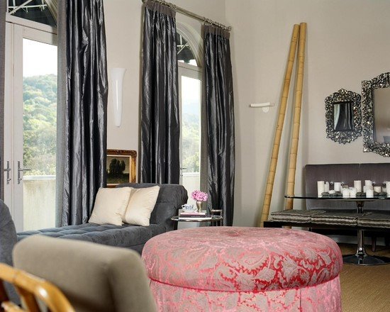 varas de bambu do quarto deco cortinas cinza escuro