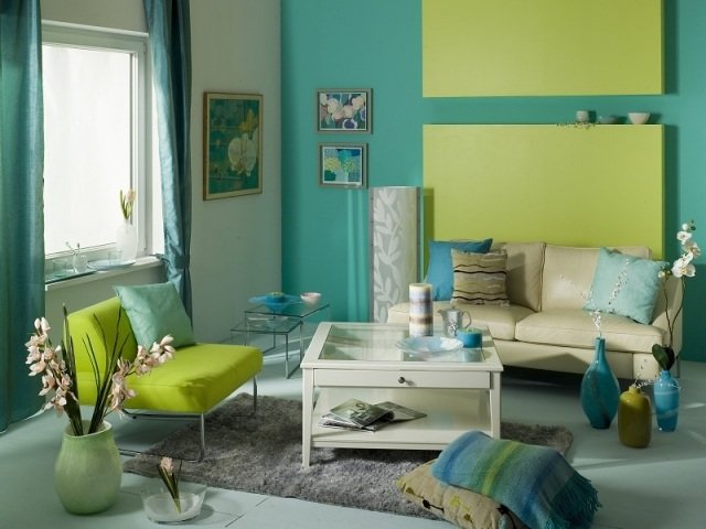 Idéias para a sala de estar pintar móveis bege-aqua-verde