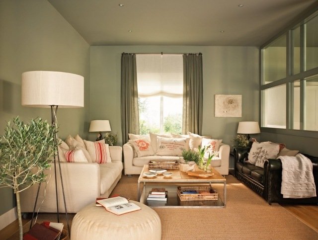 pequena-sala-parede-pintura-sage-green-ecru-sofás-carpete de fibra natural