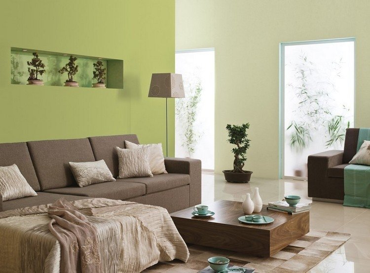 Idéias para a sala de estar pintar verde-parede-cor-marrom-sofá