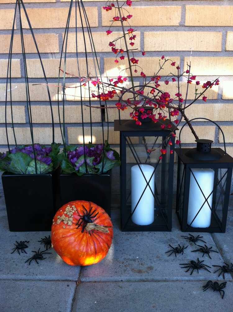 deco-ideas-autumn-outdoors-black-flowerpots-candle lanterns-metal-berry branch