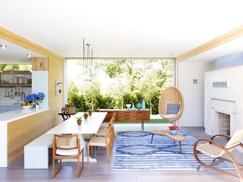 Sugestões de decoração - sala de estar - área de jantar - poltrona de vime - tiras de carpete