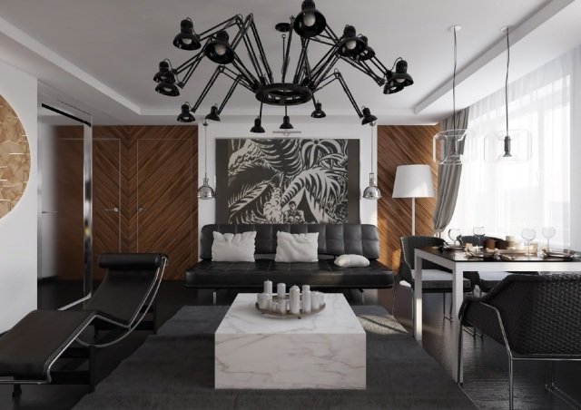 pequena-sala de estar-canto-jantar-preto-branco-porta-interior de madeira