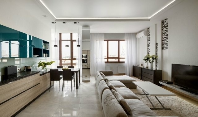 sala de estar-área de jantar-aberto-bege-marrom-móveis-alto brilho-azul-armários