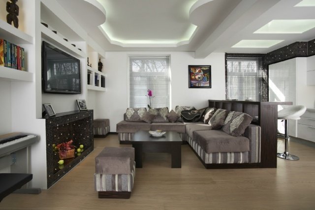 sala de estar - área de jantar - sofá de canto aberto - parede traseira - balcão de jantar