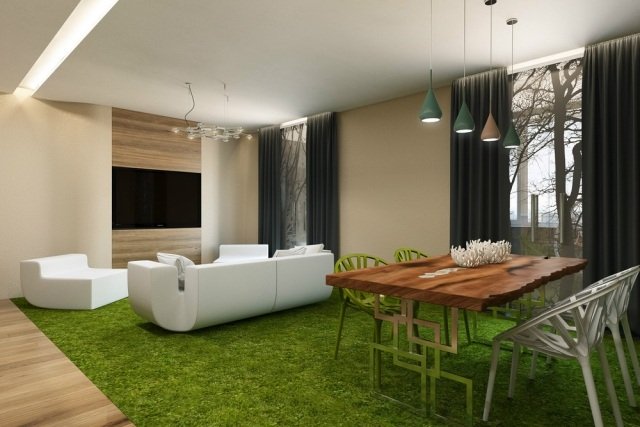 sala de estar-área de jantar-aberto-verde-tapete-madeira real-mesa de jantar-branco-móveis de sala de estar