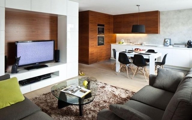 Sugestões de decoração para sala de estar-sala de jantar-cozinha unidade de parede-fileira-madeira-branco