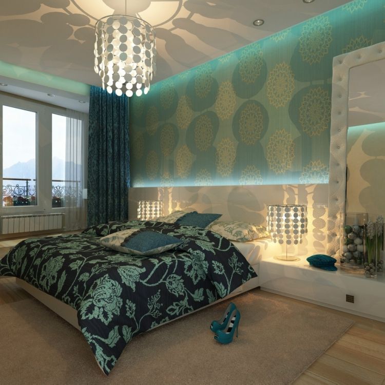 moderno-quarto-parede-design-aqua-padrão-papel de parede-branco-móveis de alto brilho