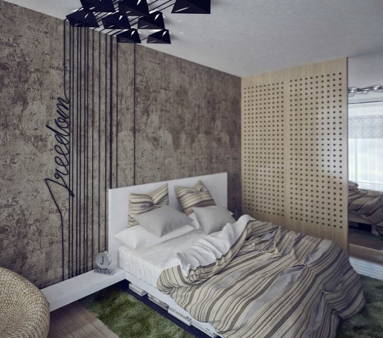 Idéias de cores para a parede do quarto-concreto-aparência-branca-cama-verde-carpete