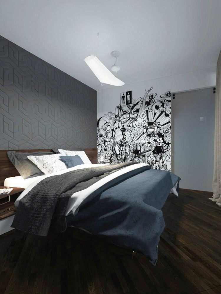 pequeno-quarto-parede-design-parede-painéis-cinza-padrão geométrico