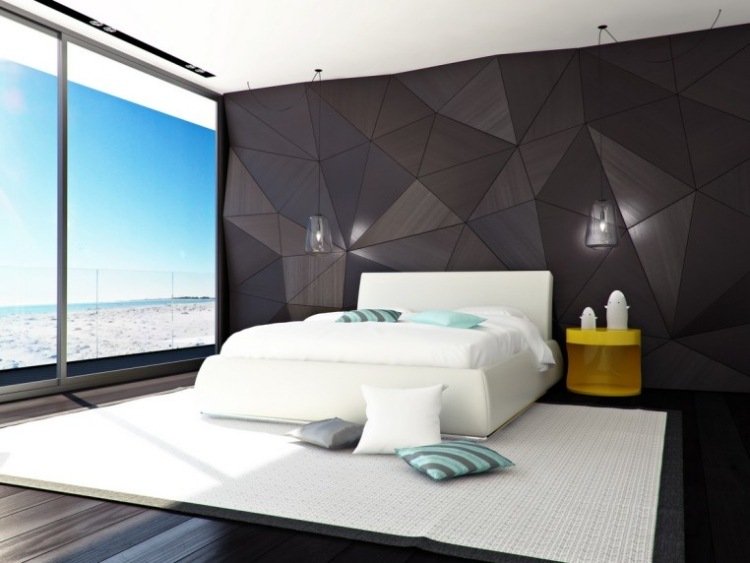 idéias de cores-quartos-paredes-painéis de parede de design-cinza-triangular-branco-cama estofada