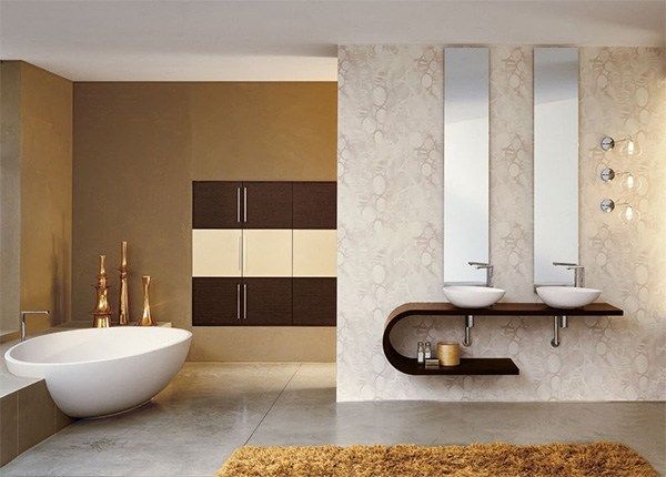 Ideias de design para a paleta de cores marrom bege do banheiro levemente aconchegante