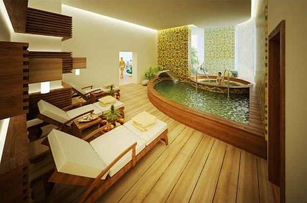 piscina pequena sala grande conforto espreguiçadeiras frutas