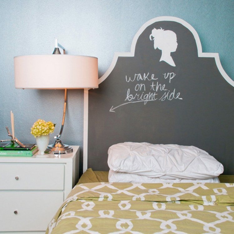 cama-cabeceira-diy-quadro-negro-pintura-mesa de cabeceira-abajur-roupa de cama-padrão-ornamentos-parede-pintura-turquesa