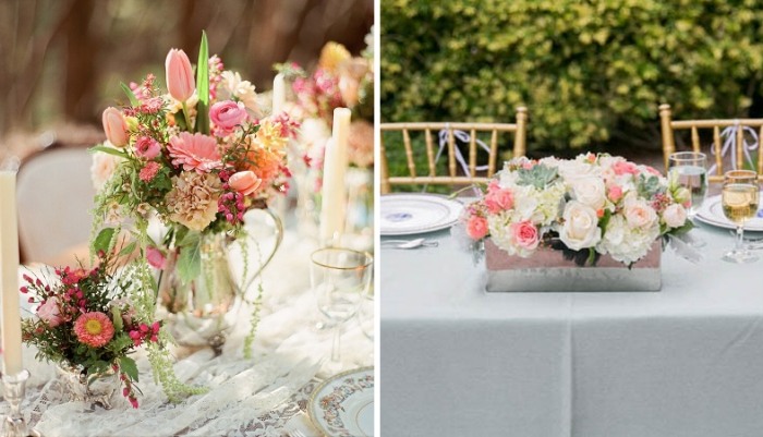 decoração de mesa de flores para um casamento no jardim