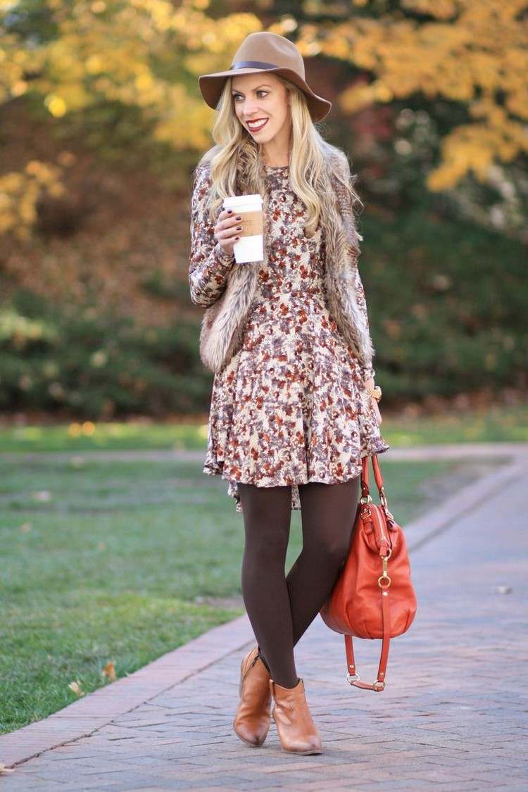 roupas-pele-colete-outono-vestido-marrom-meia-calça-fedora-chapéu-botas