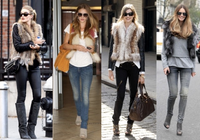 Outfits com colete de pele de modelos famosos de outono