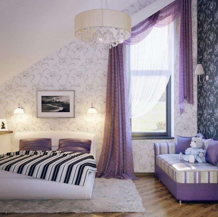 living-ideas-loft-bedroom-furniture-white-violet-wallpaper-deco-pattern