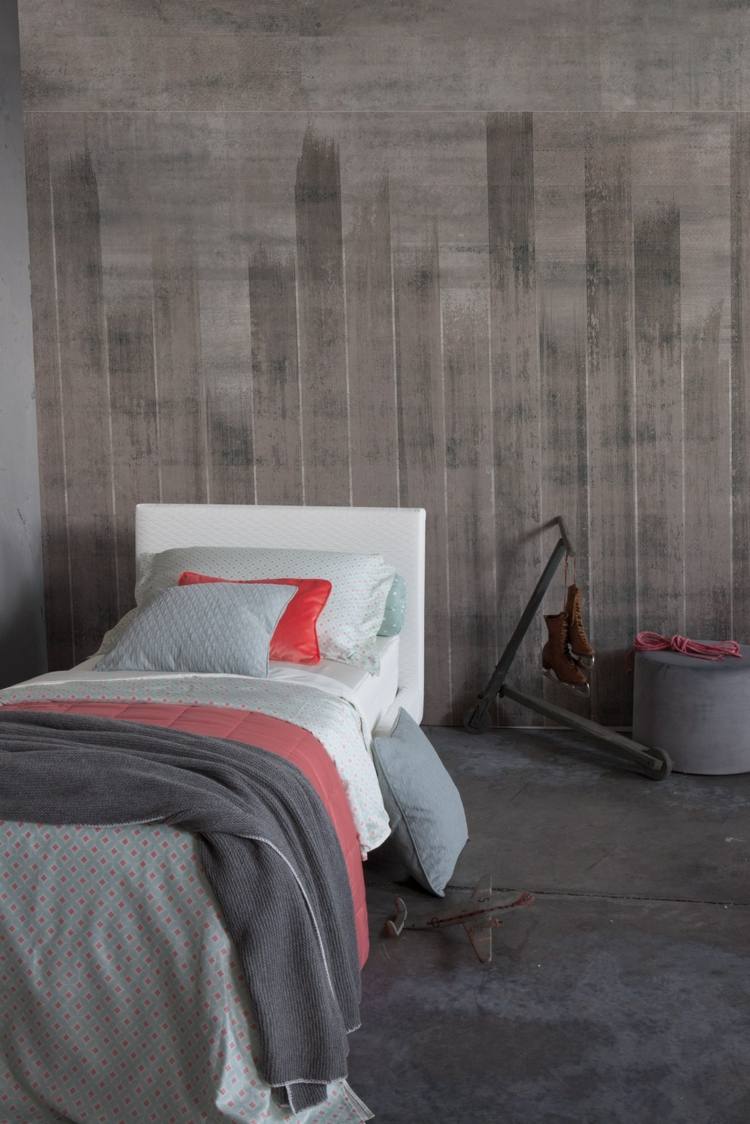 Papel de parede de designer quarto-concreto aparência-cinza-branco-cama de solteiro-branco-estofamento-FENZ-Inkiostro-Bianco